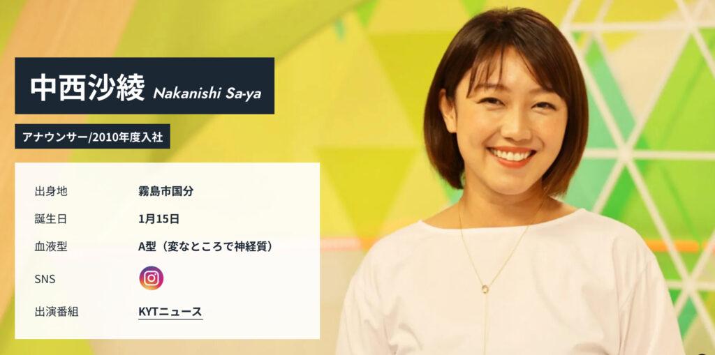 鹿児島讀賣テレビの中西アナ