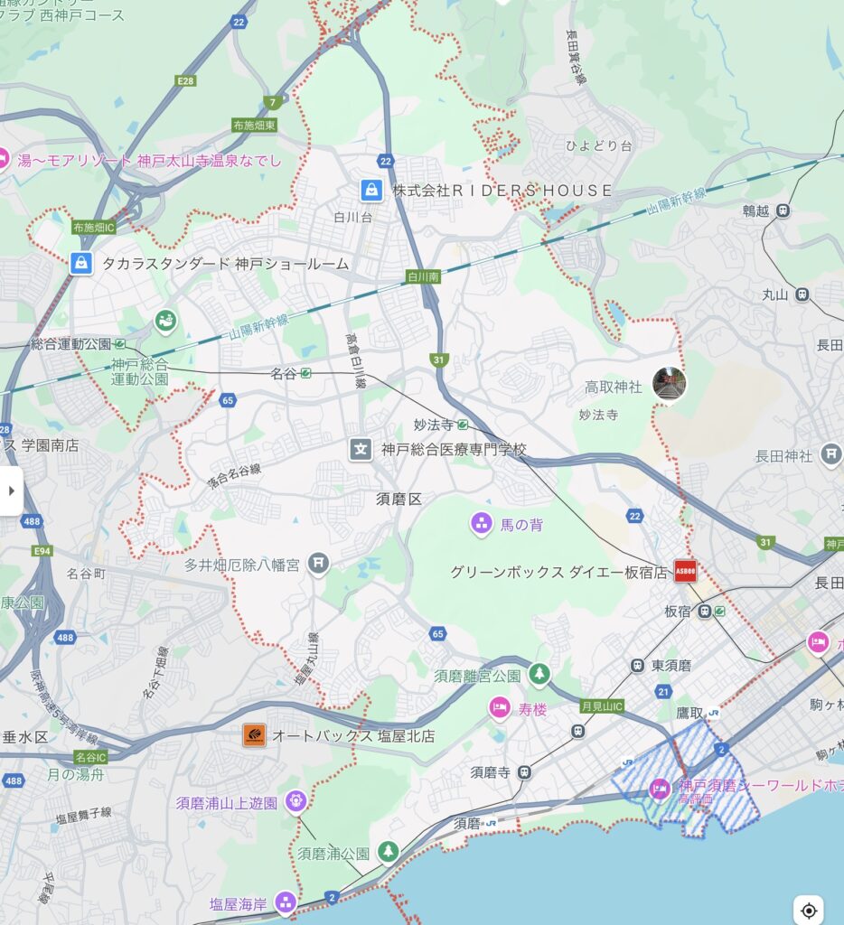若宮小学校の学区を示した神戸市須磨区周辺の地図