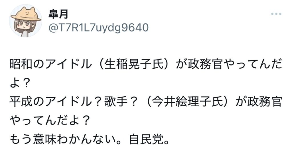 今井絵理子の政務官に納得していないポストのスクショ