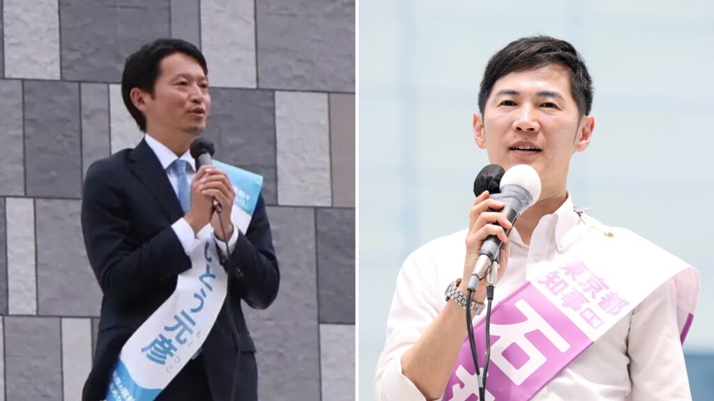 冷静に演説する斎藤元彦と石丸伸二