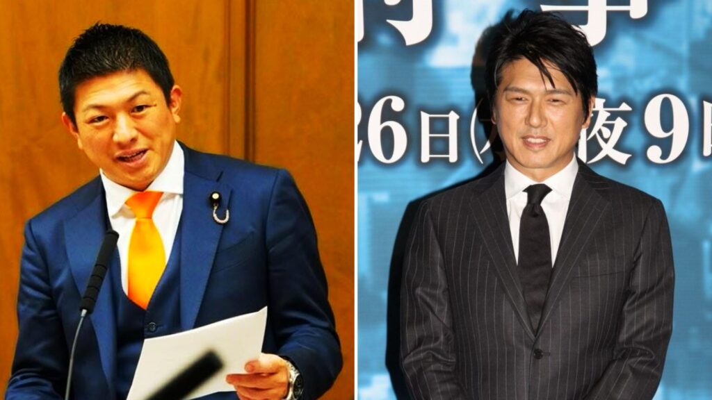 スーツ姿で並んだ神谷宗幣と高橋克典