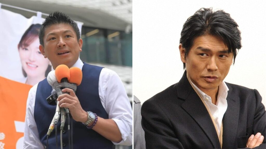 演説中に語りかける神谷宗幣と役柄に扮した高橋克典のスーツ姿