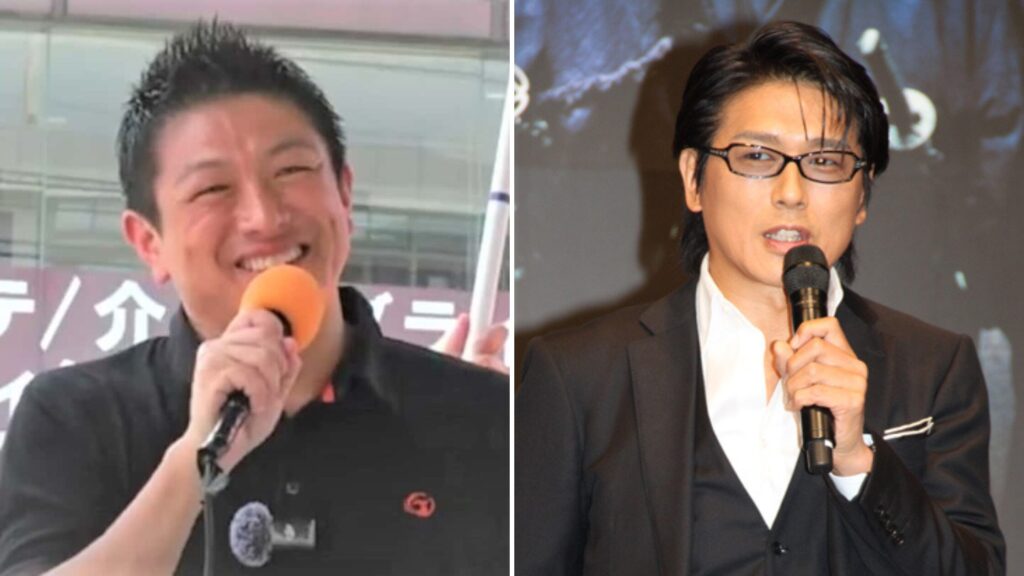 演説中の神谷宗幣と会見中の高橋克典