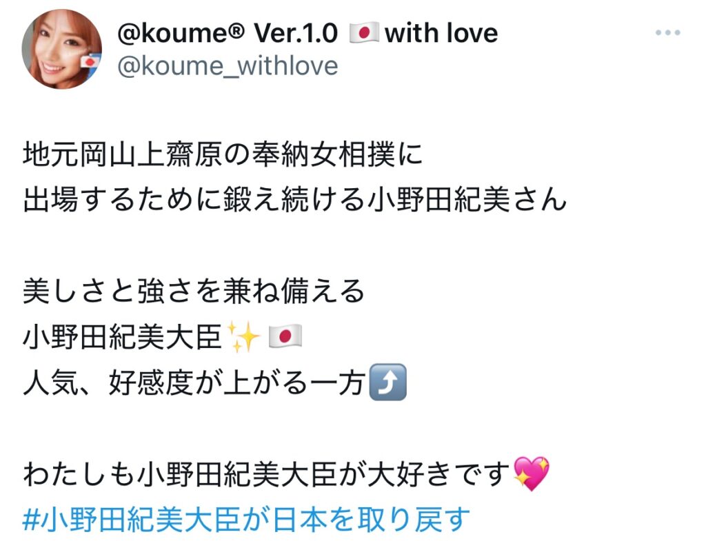 小野田紀美の評判に関するXのスクショ