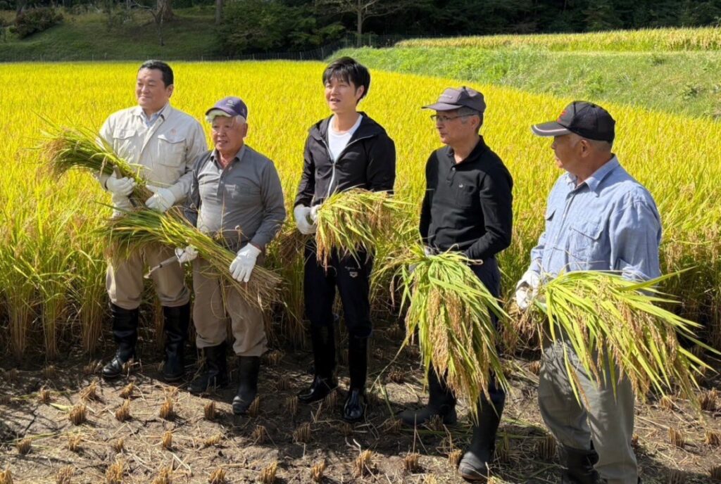 稲刈りをする鈴木憲和