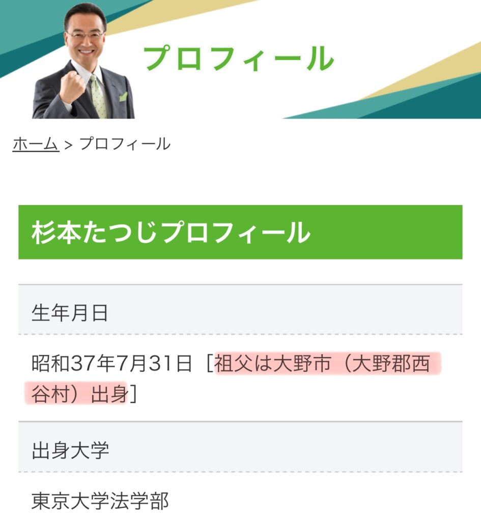 杉本達治のプロフィールのスクショ